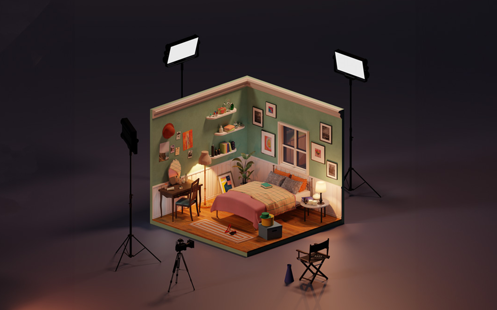 柔らかな色壁と白木の腰壁が作り出す、大人ガーリーな寝室