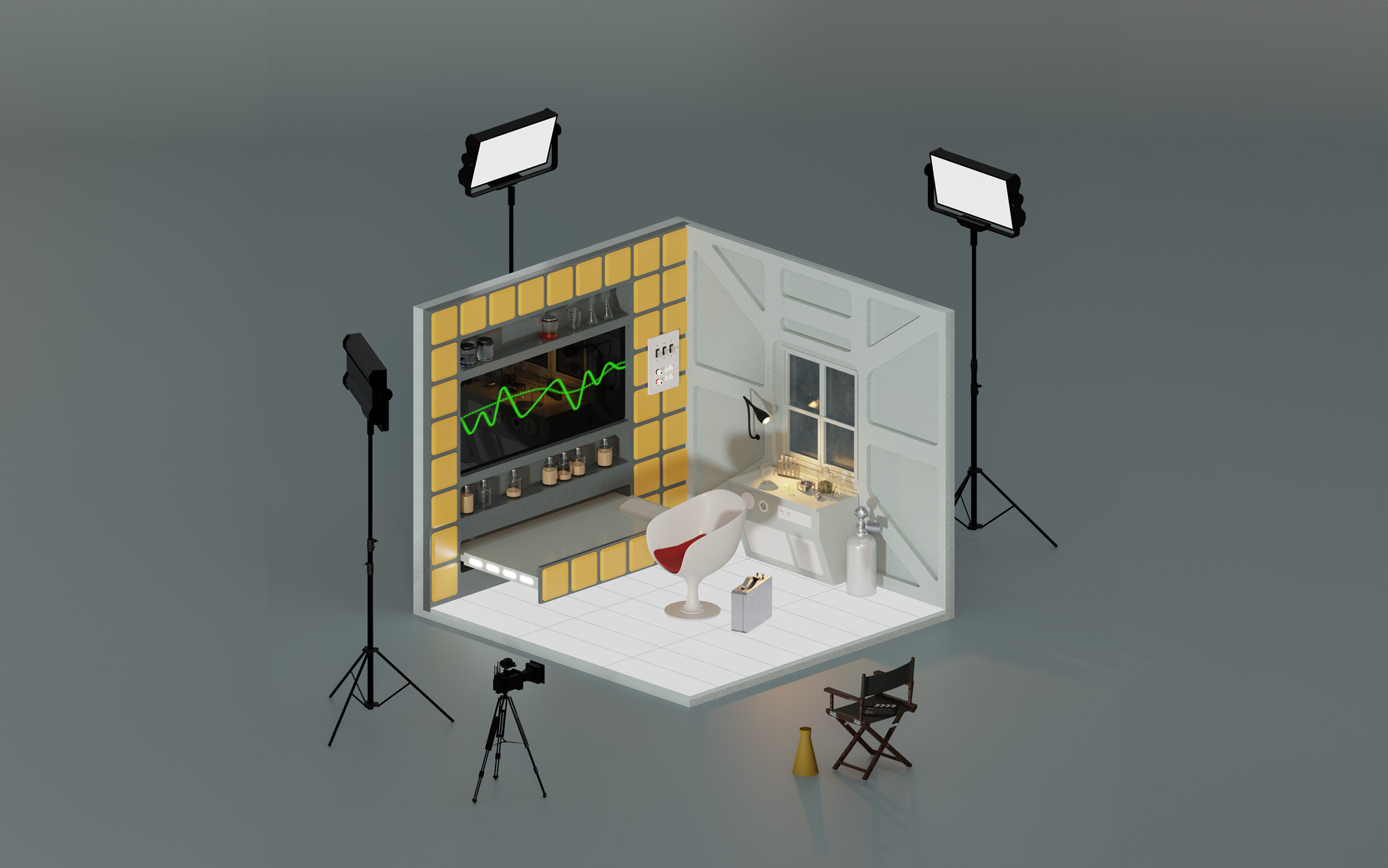 無機質な素材感とレトロな差し色が、SF映画のようなリビング