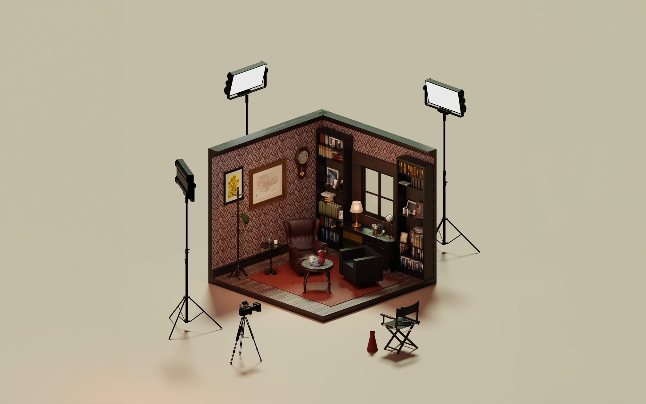 シックな床と柄の壁紙がミステリー映画を思わせるリビング